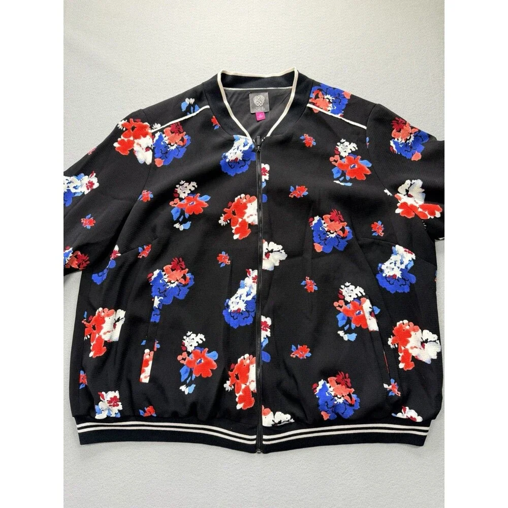 Vince Camuto 3X Plus Size Floral Bomber Jacket Black Zip Front Women’s
